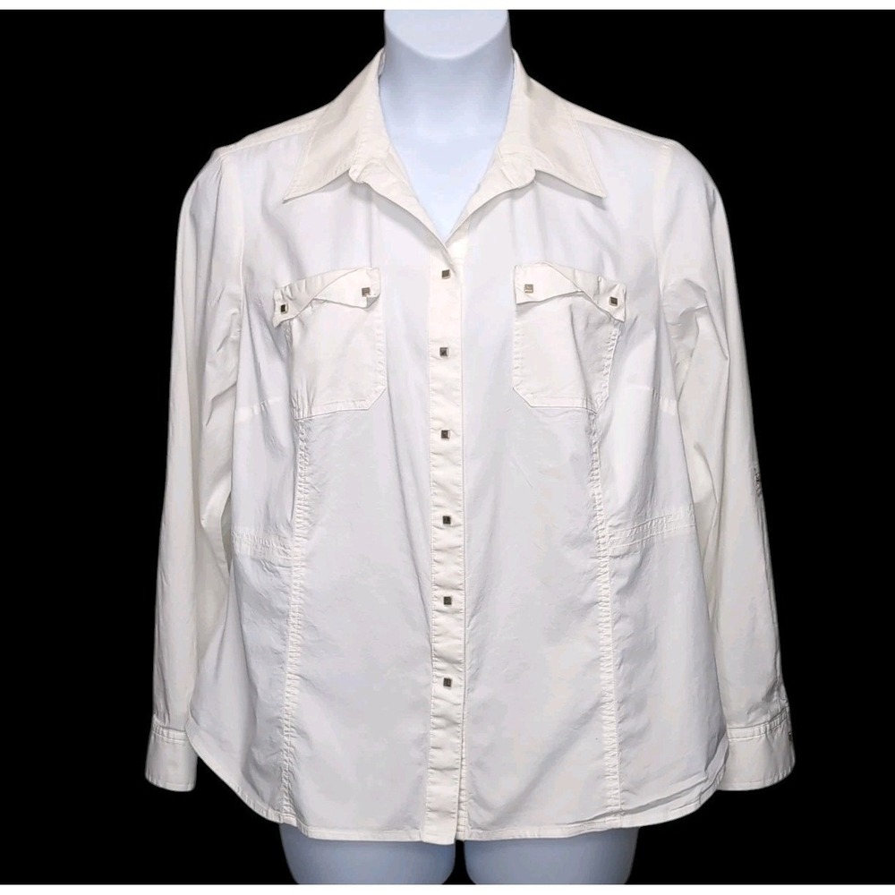 Anne Klein Shirt Womens Plus Size 16W White Roll Sleeve Stretch Woven Snap Front